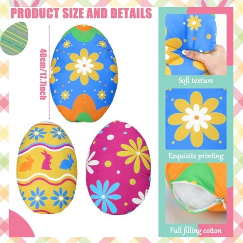Thinkday 3 Pcs Easter Eggs Pillow Soft Plush Easter Eggs Shaped Pillow with PP