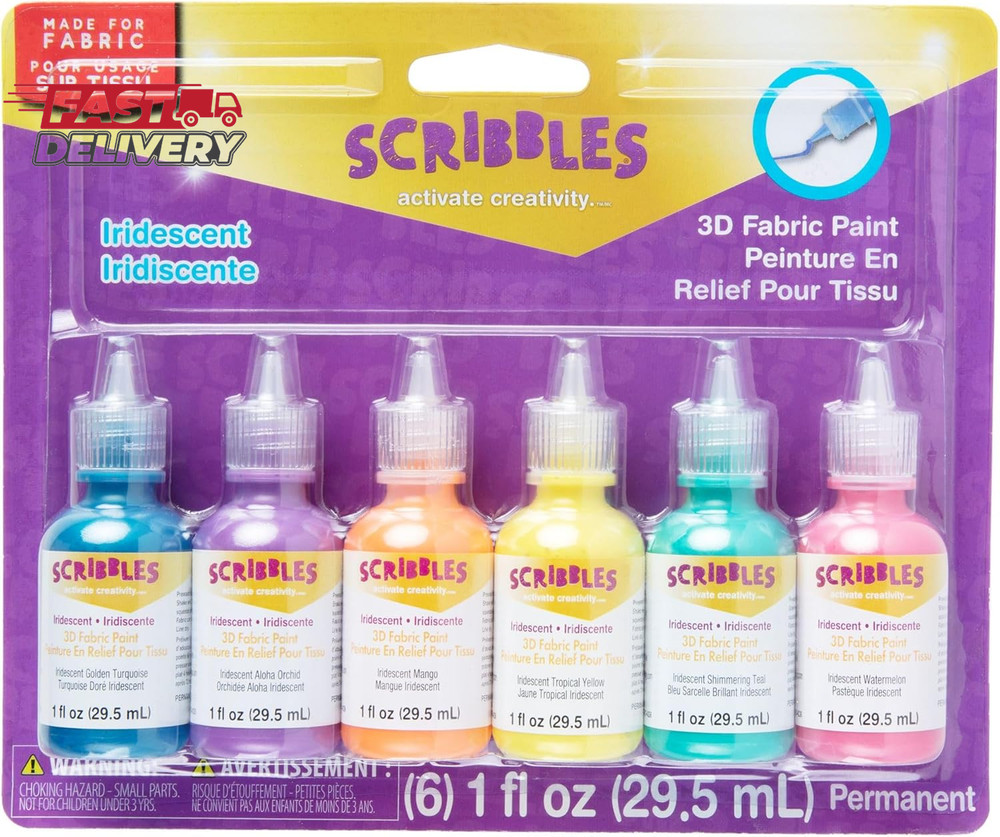 SCRIBBLES 18536 Dimensional Fabric Paint, Iridescent, 6-Pack, 1 Oz