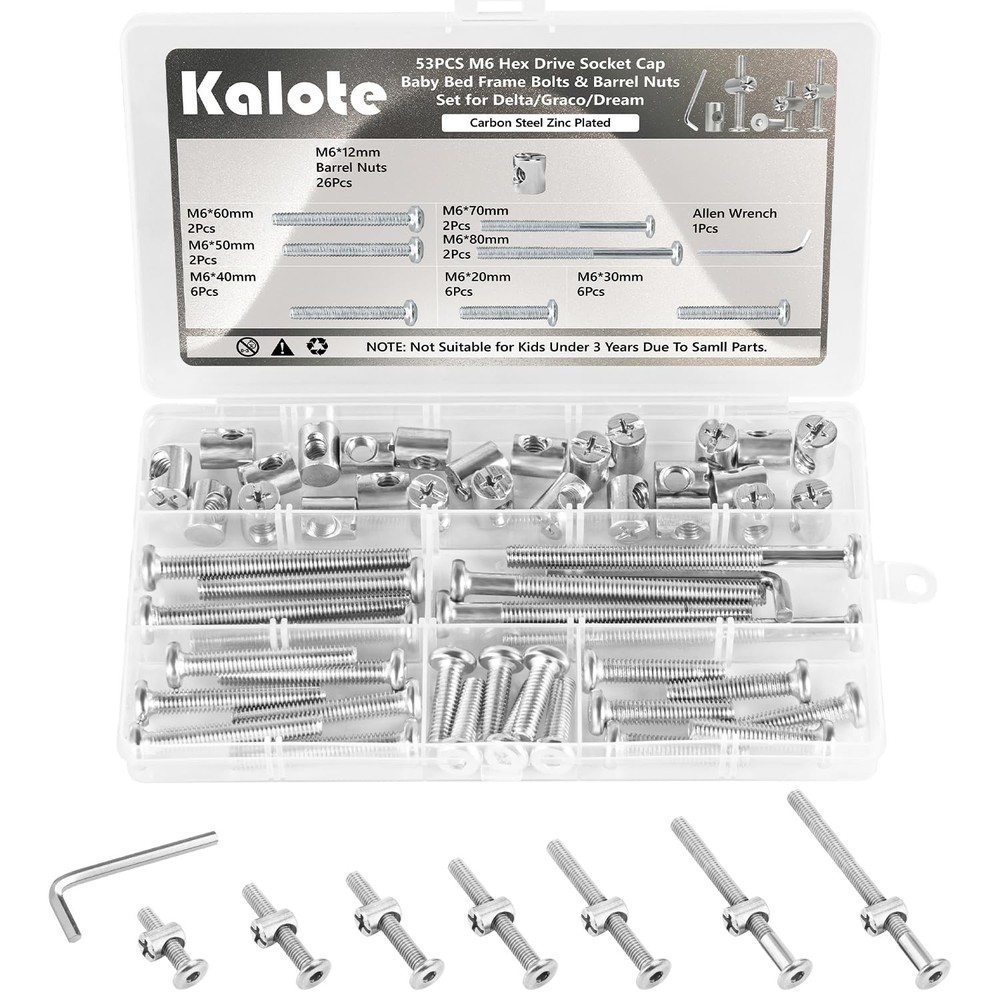 53PCS Crib Screws Hardware Replacement Kit, Bolts & Barrel Nut 53Pcs-M6, Silver