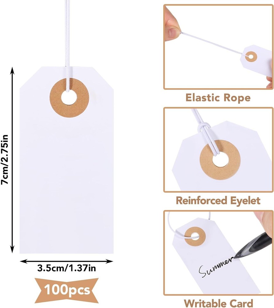 100 Pack White Blank Tags with Elastic String Marking 2.75x1.37inches,