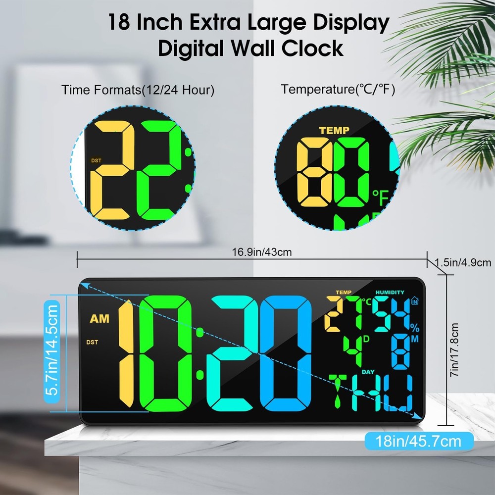 11 RGB Color Changes Large Digital Wall Clock/Bluetooth Auto Time Sync, Remot...