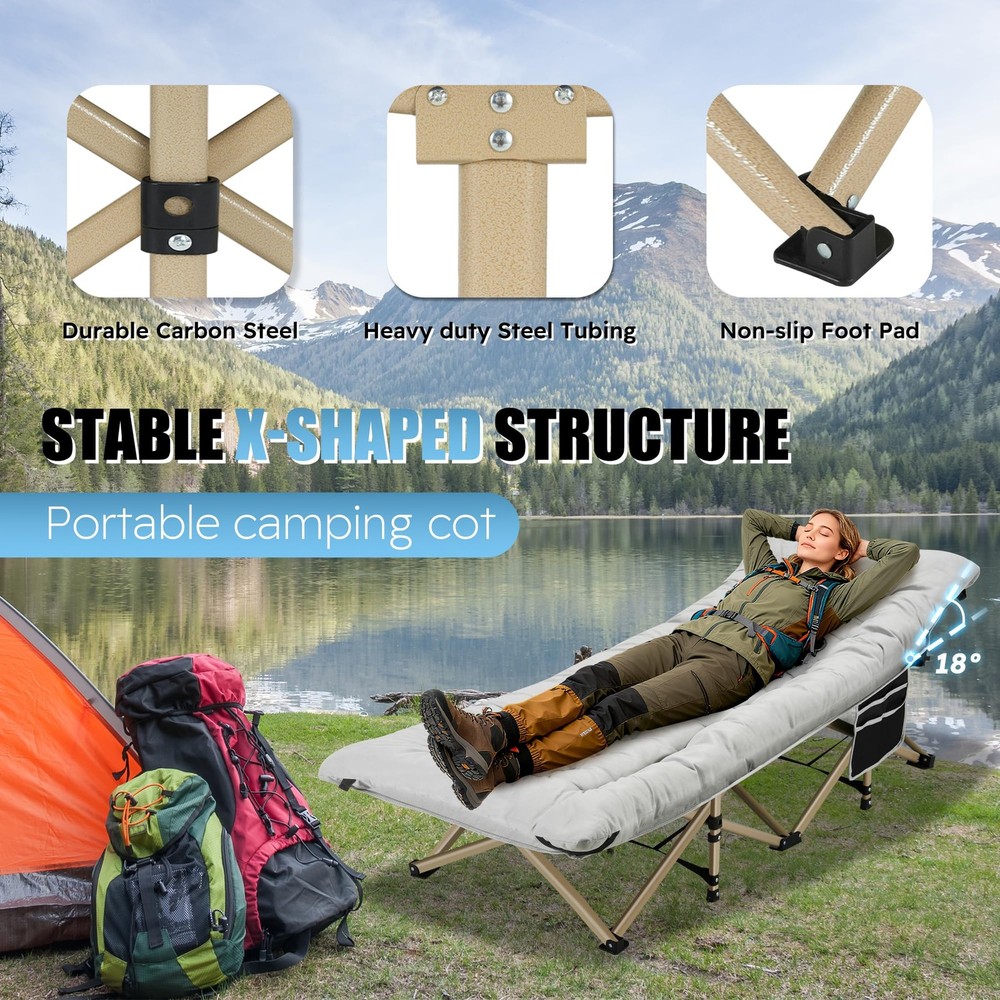 Camping Cots for Adults with 600lbs Load Capacity, Folding Camping Cot with M...
