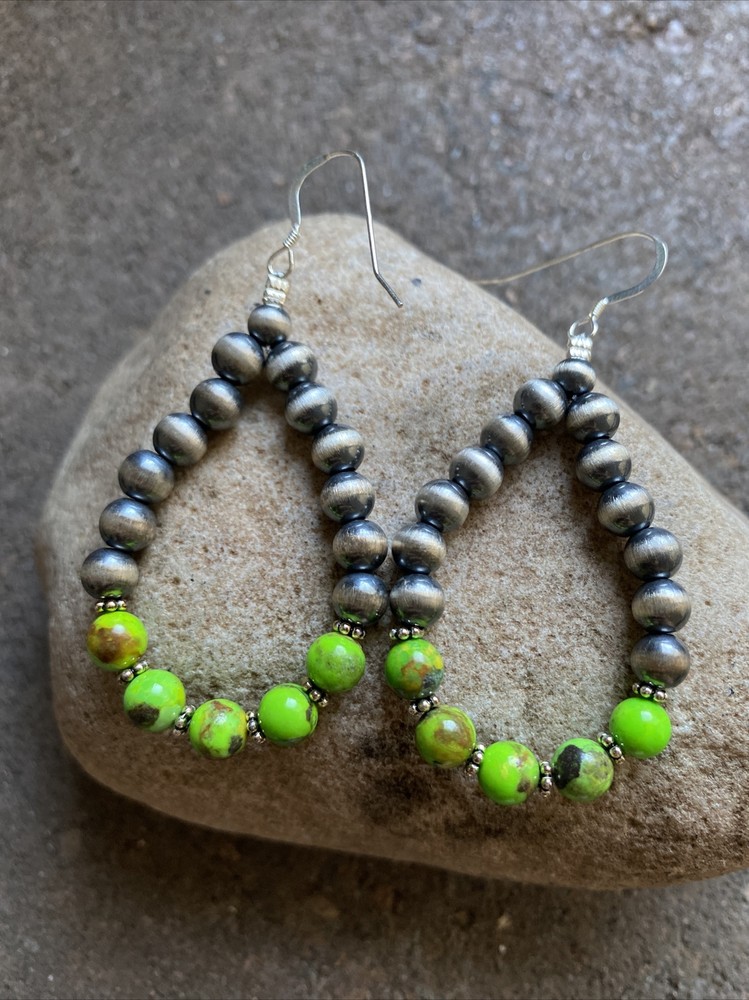 Sterling Silver Green Turquoise W Pearls Bead Loop Earrings.