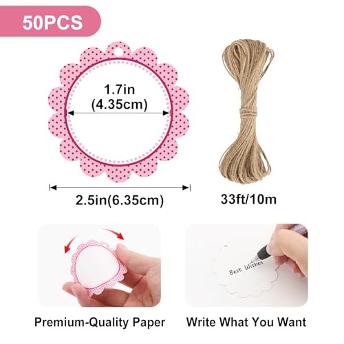 50Pcs Blank Gift Tags with String, 2.5Inch Dot Scalloped Round Blank Pink