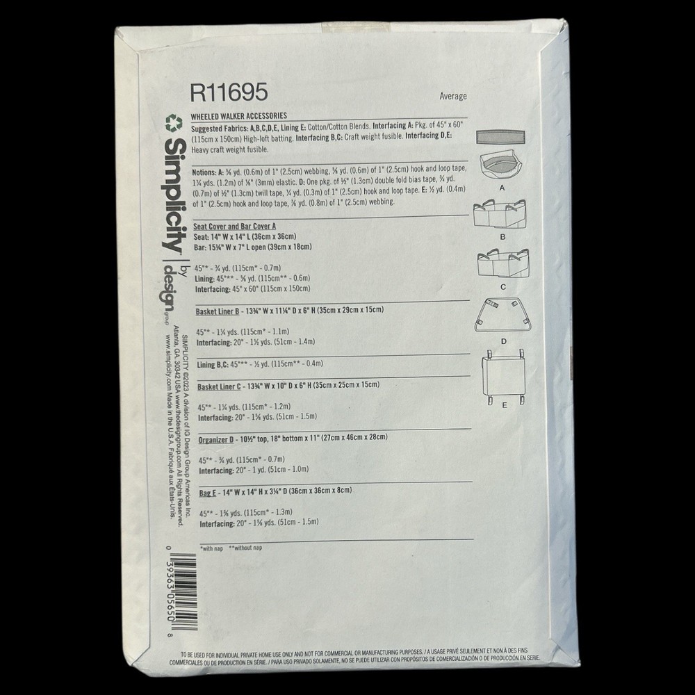 Simplicity Pattern R11695 Wheeled Walker Accessories Adaptive