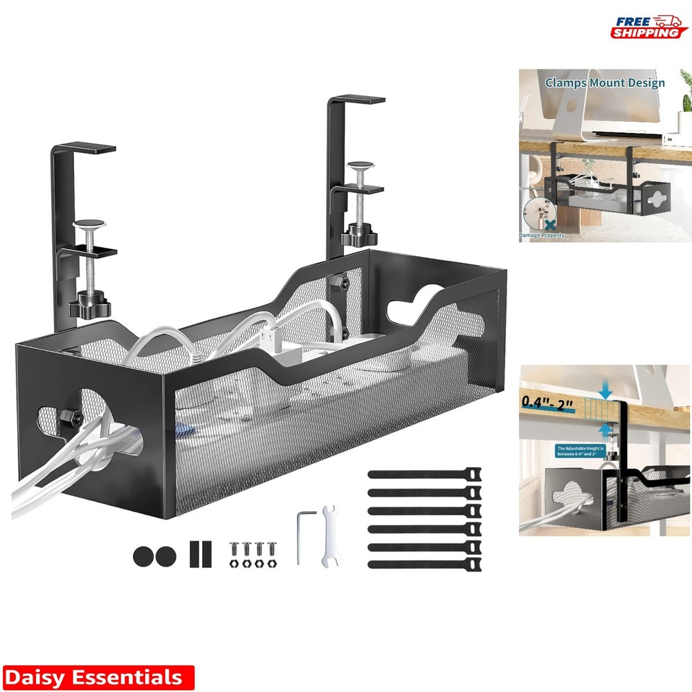 Space-Saving Metal Wire Management Tray for Desks - Easy Clamp Mount System