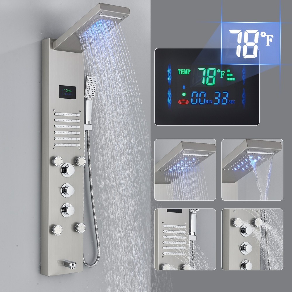 ELLO&ALLO Shower Panel Tower LED Rainfall Waterfall Massage System with Body Jet