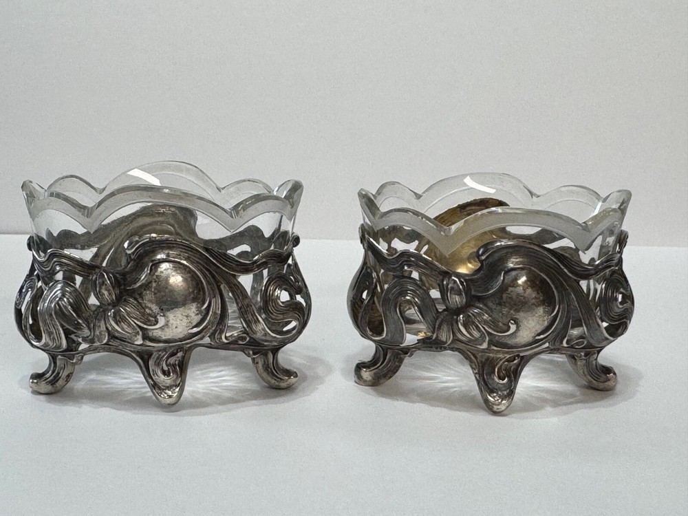 4 Antique 800 Silver with Glass Inserts Salts William T Binder WTB Germany