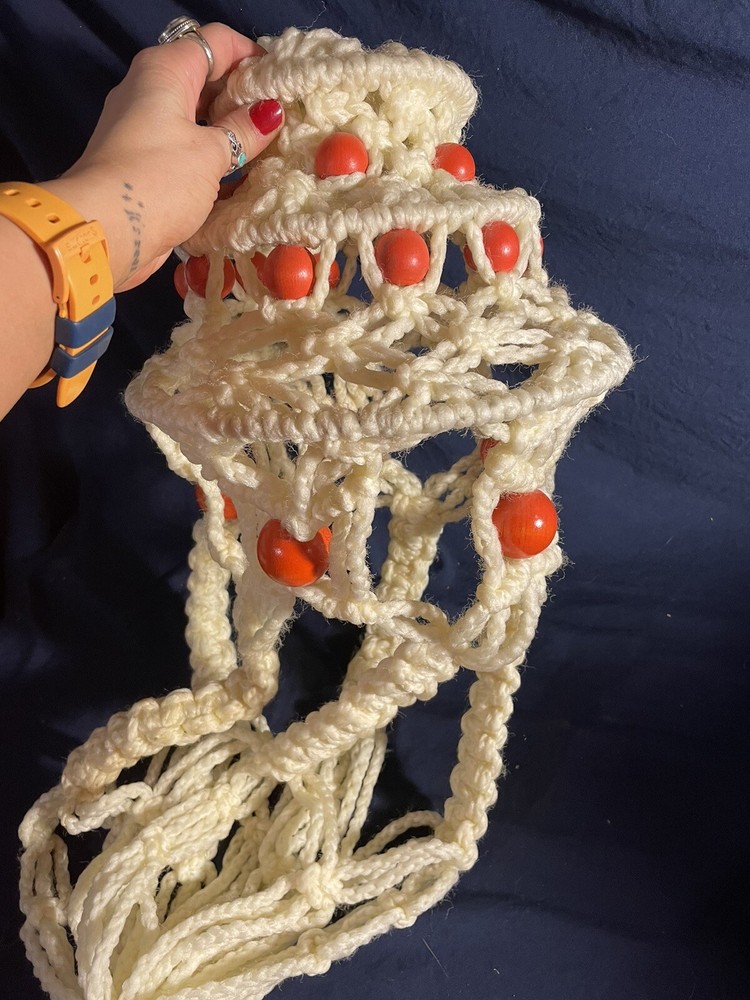 Vintage Macrame Hanger White With Red Beads