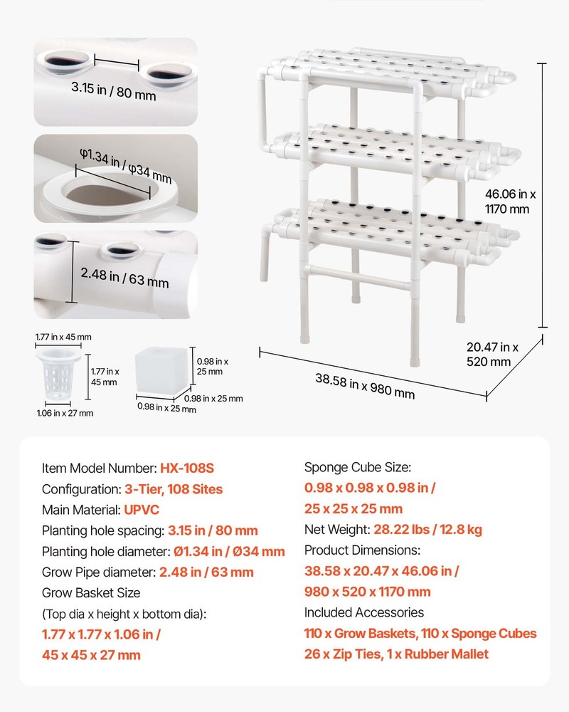 VEVOR UPVC Hydroponics Growing System Kit 3-Tier 108 Sites Sun & Light Blocking