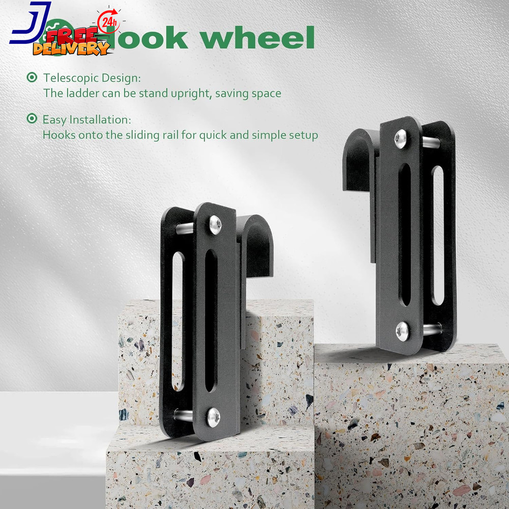 8FT Telescopic Hook on Sliding Library Ladder Hardware Includes Bottom Wheel wit