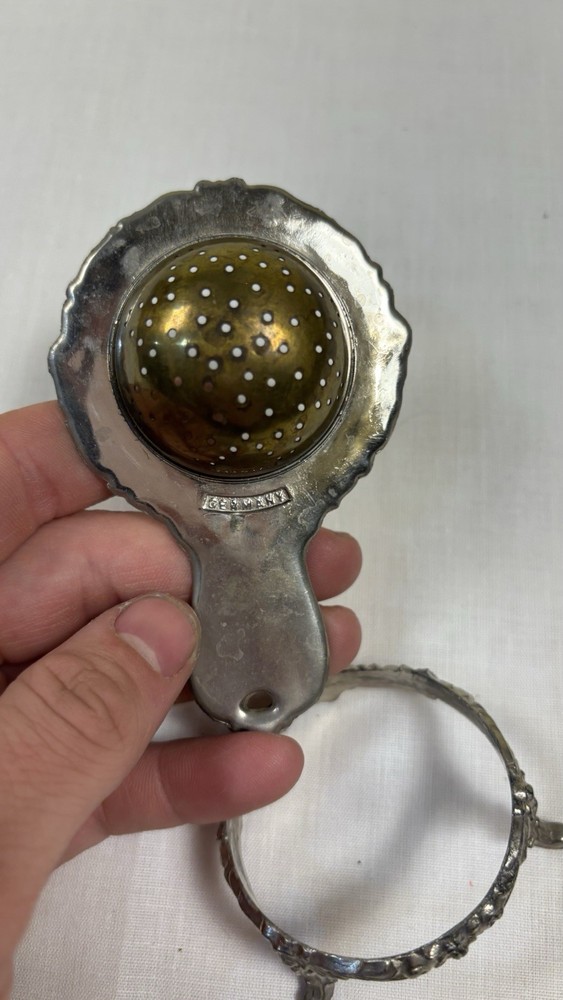 Ornate Metal Tea Strainer with Stand, Silver Brass, Germany, Round Pattern