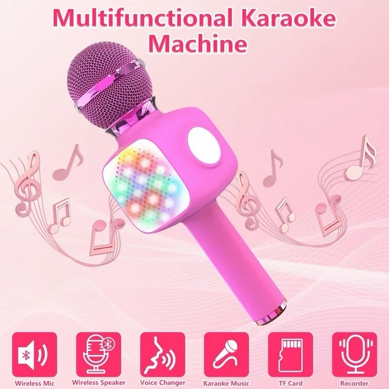 Kids Bluetooth Karaoke Microphone Wireless Handheld Mic Speaker Flashing Light