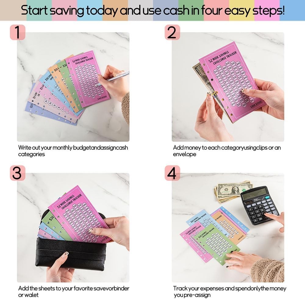 48 Sheets 100 Envelopes Money Saving Challenge Binder Trackers, 6 Ring A6 Binder