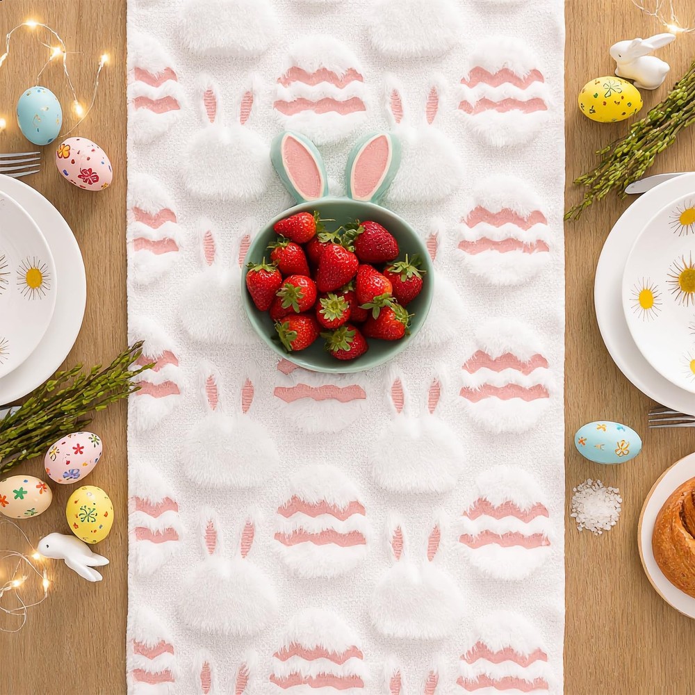 Easter Bunny Egg Table Runner - 13x72 Inch Spring 3D Rabbit Egg Jacquard Tabl...