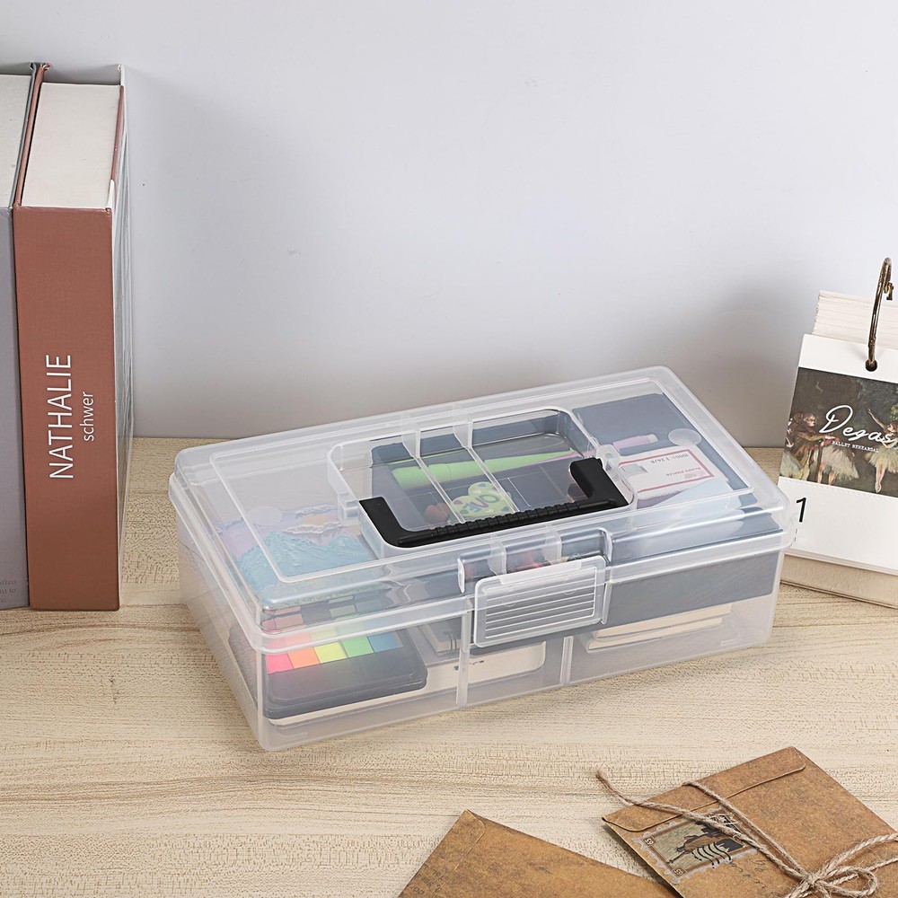 BTSKY Clear Plastic Storage Box with Removable Tray Multipurpose Black