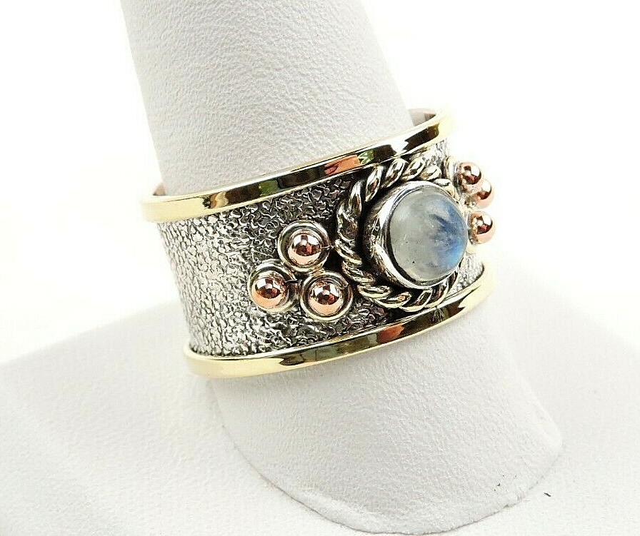 Sterling Silver Moonstone Tri Color Textured Wide Band Ring