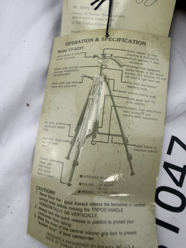 Solidex Performance Video Camera Tripod Model VT 92-XT AS IS