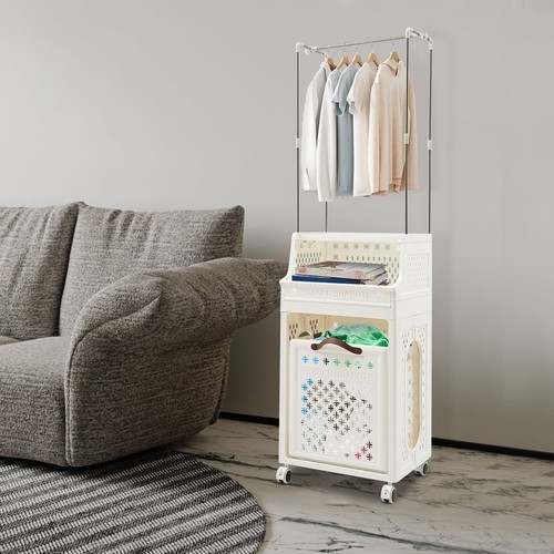 White Rolling Folding Laundry Organizer 3Tiers Laundry Basket with Wheels &Shelf