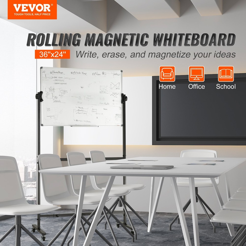 Rolling Magnetic Whiteboard, Double-sided Mobile Whiteboard 36x24 Inches, Adjust