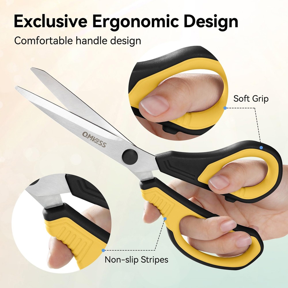 QMVESS 8.5" Scissors All Purpose 3 Pack, Ultra Sharp 2.5mm Thick Blade Scisso...