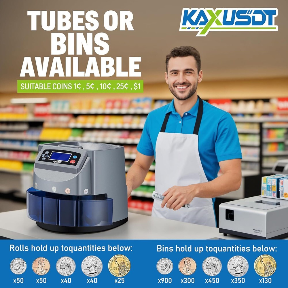 Coin Counter Machine 5 Coin Tubes Change Sorter and Wrapper Roller Machine