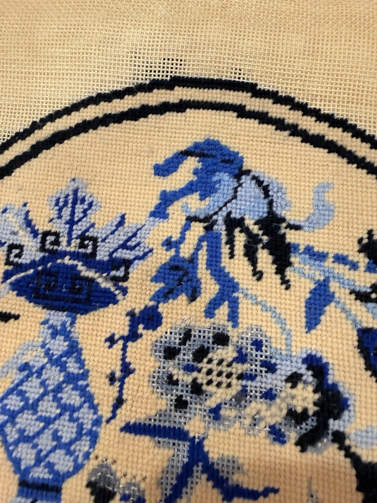 Vintage Needlepoint Tapestry Canvas - Delft Blue Floral Design - started