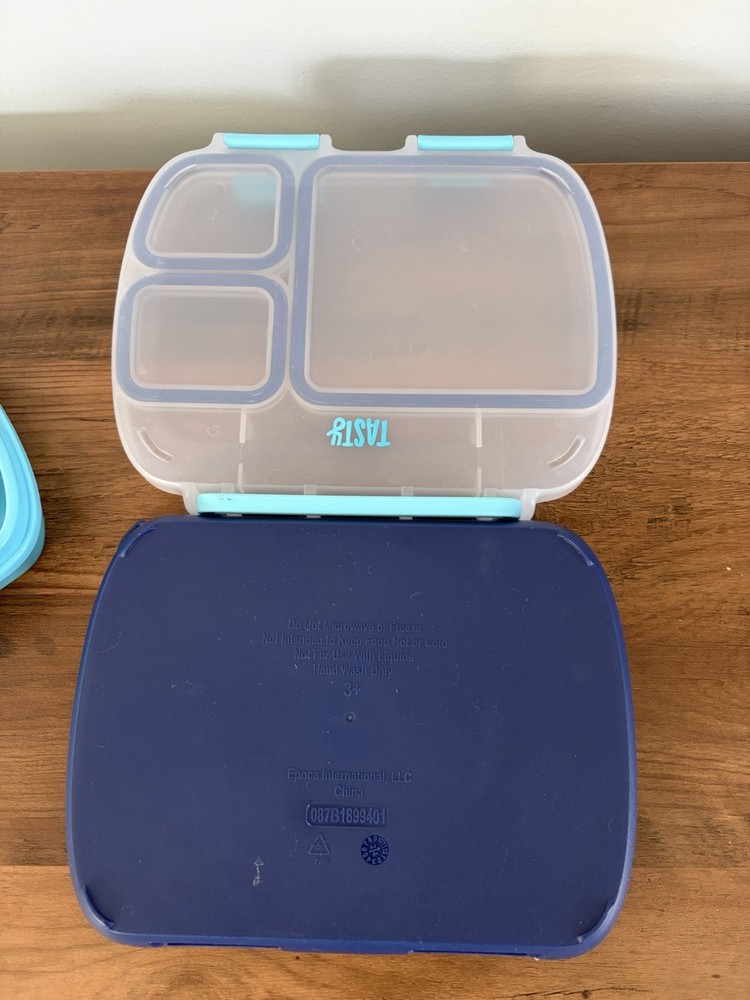 Tasty Blue 3-Compartment Rectangular Lunch Box with Handle and Snap Lid