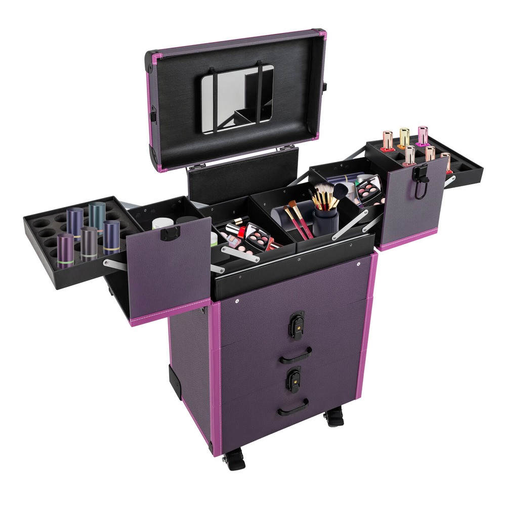 Portable Rolling Makeups Train Case Lockable Cosmetic Storage Organizer Trolley