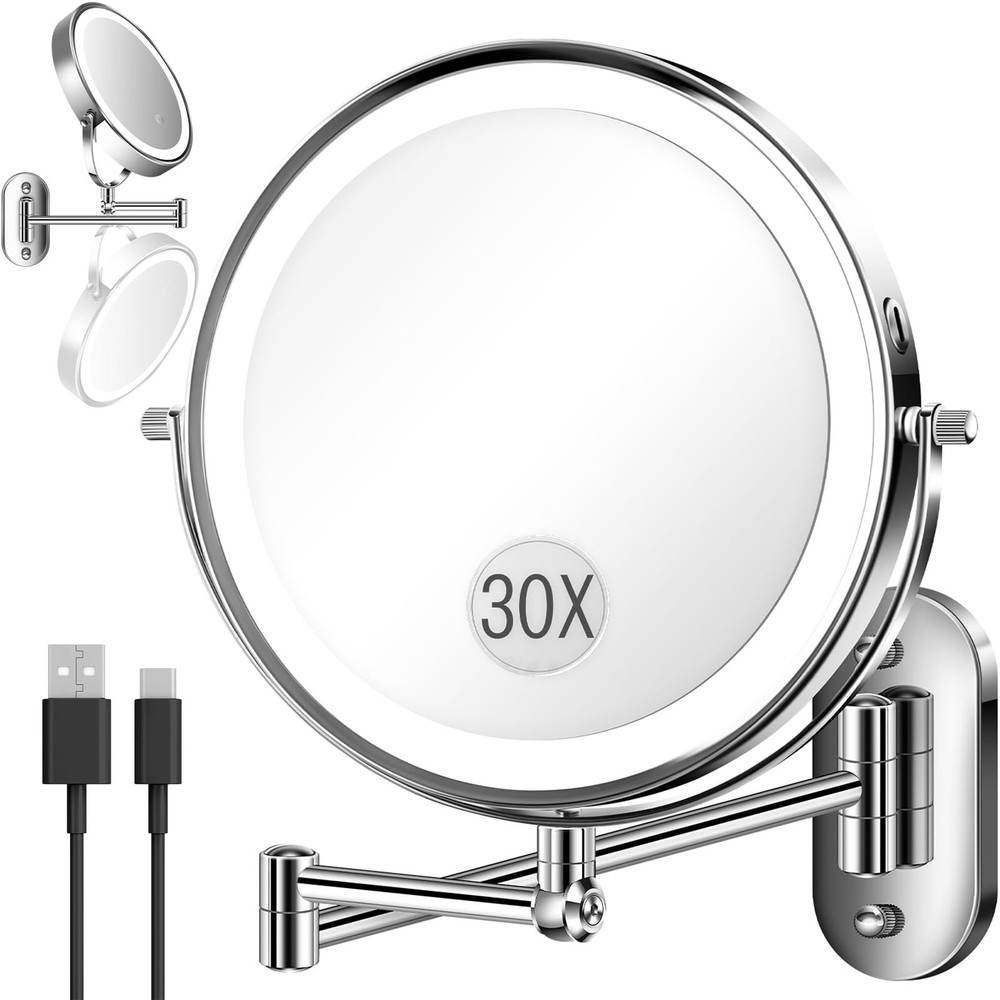 9'' 30X/1X Wall Mounted Lighted Makeup Mirror, Height Adjustable Double Sided...