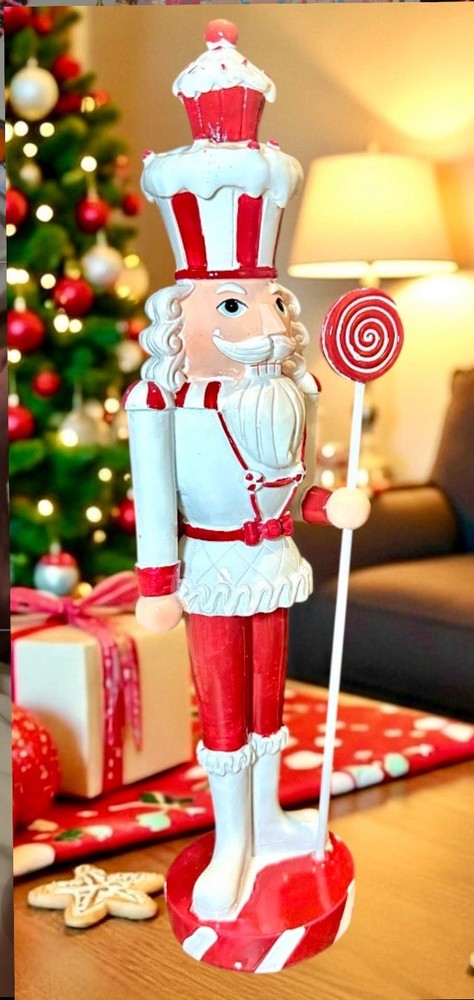 Jingles & Joy Peppermint & Cupcakes Nutcracker 14” White & Red Resin NWT