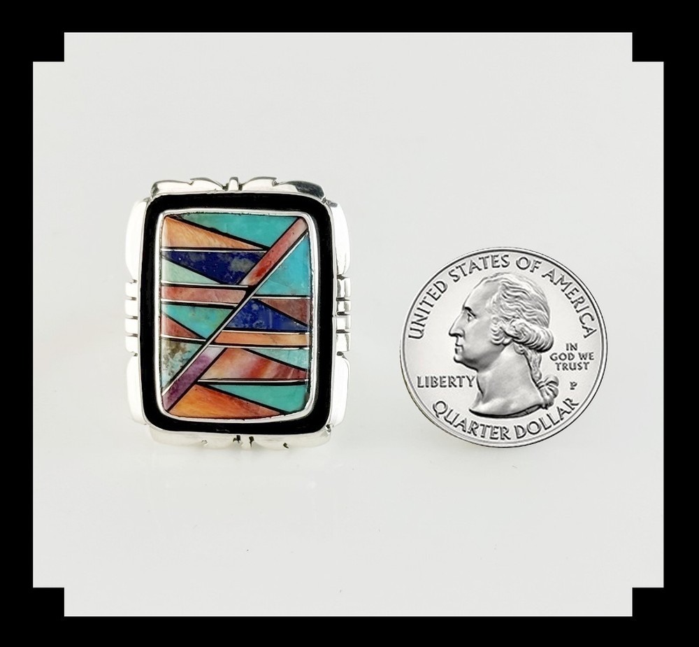Handcrafted Sterling Silver Multi Stone Inlay Ring Adjustable