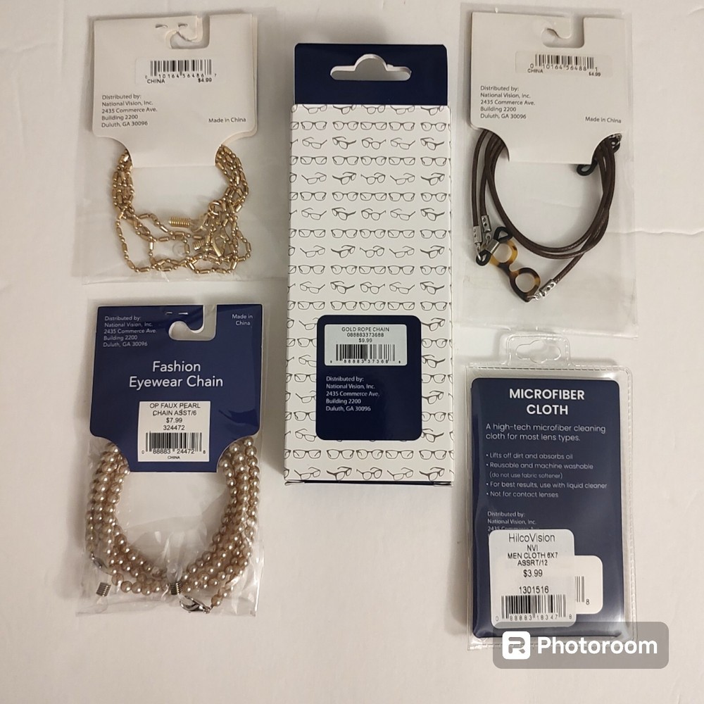 5pc Eyeglass Accessory Set Gold Chains Beaded Holder Cord Rope Microfiber Cloth