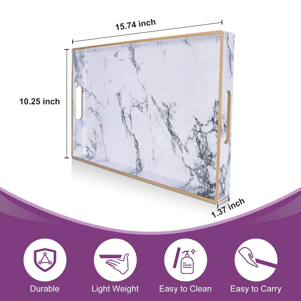 Gifturbo White Marble Serving Tray with Handles - Rectangular - Coffee Table