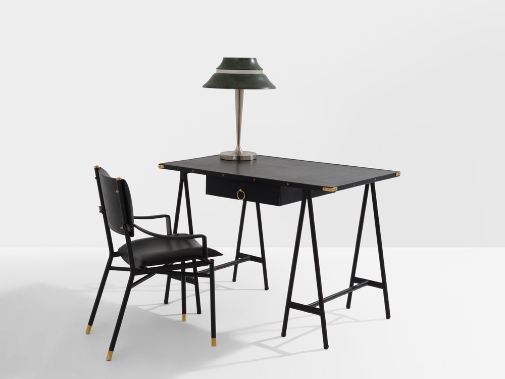 Jacques Adnet saddle-stitched leather brass desk chair 1950