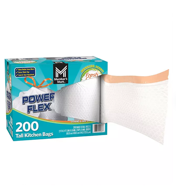 Member's Mark Power Flex Tall Kitchen Drawstring Trash Bags, 13 gal.Select Scent