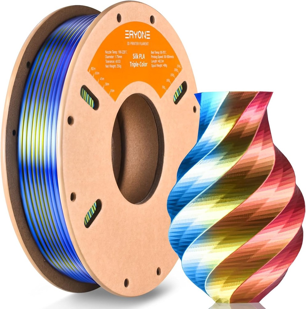 Silk tri-color PLA filament for 3D printing.