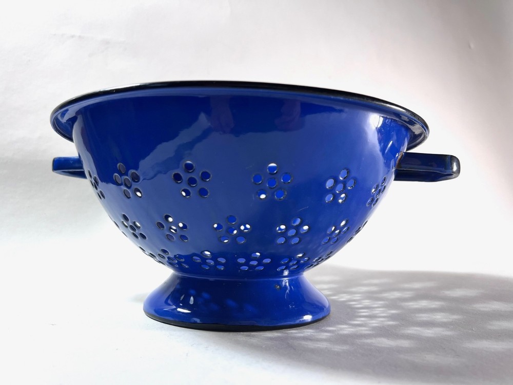 Blue Enameled Colander Japan Vintage Large