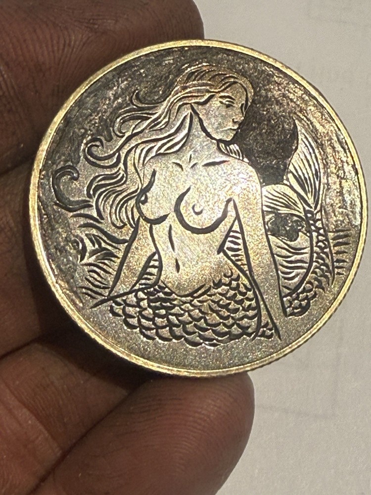 Hand Engraved Mermaid Disc 40mm Brass