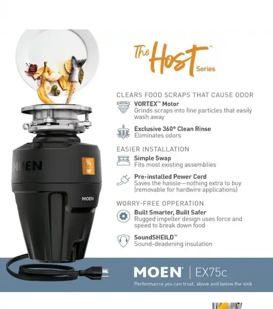 Moen Ex Series Host Series 3/4 Horsepower Improved Installation Garbage Disposal