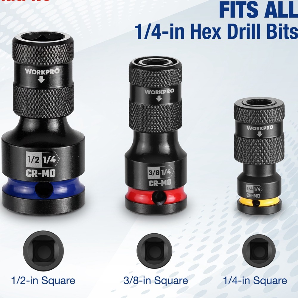 WORKPRO 1/2" 3/8" 1/4inch Quick Release Hex Impact Socket Adapter Bit Holder Set