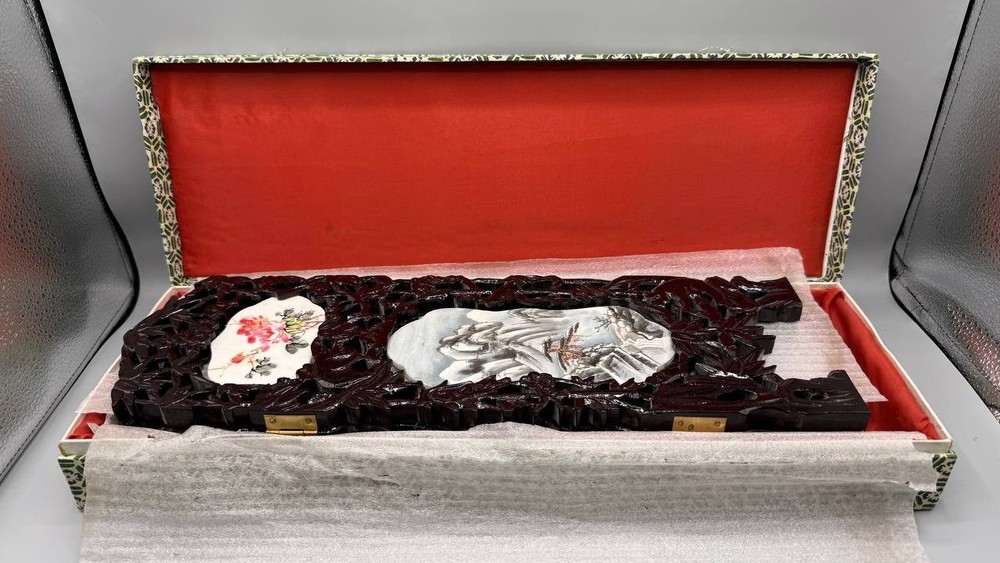 Chinese Four-Panel Folding Table Screen — Hand-Painted Dark Wood