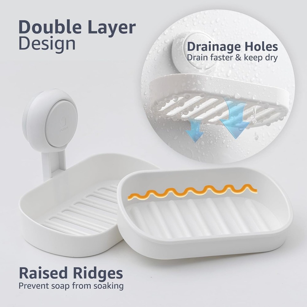 Soap Dish Holder Shower Suction Cup Wall Mounted Self Draining NO-Drilling