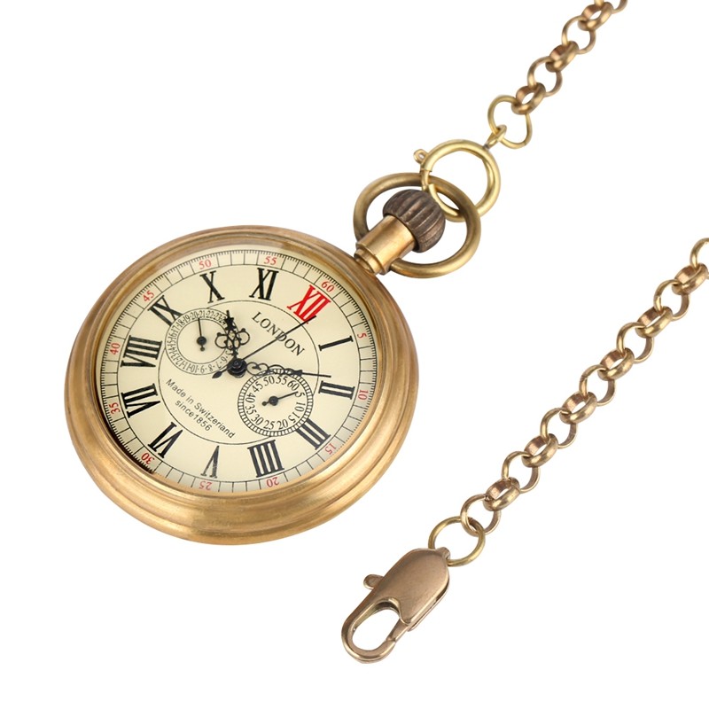 Vintage Solid Copper Mechanical Pocket Watch Hand-Wind 24-Hour/Seconds Subdials