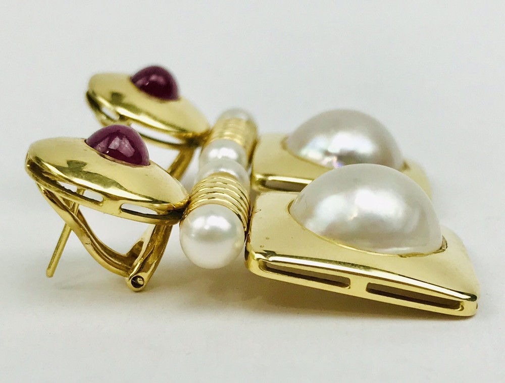 Art Deco 18k Solid Yellow Gold Mabe Pearl & Ruby Drop Dangle Omega Back Earrings