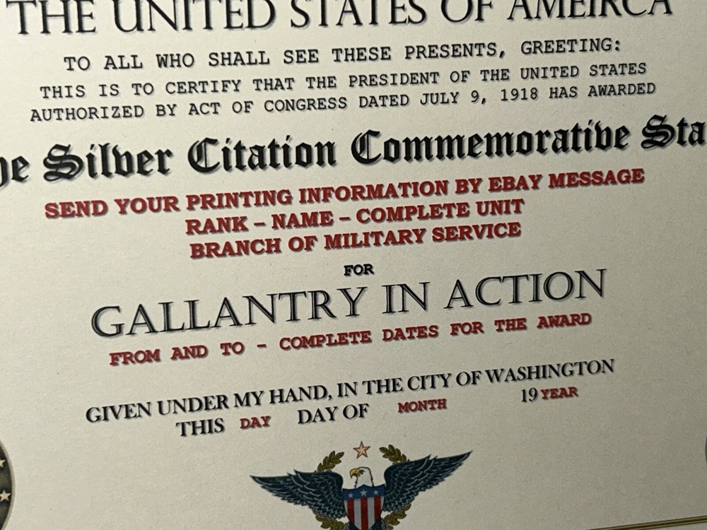 WW1 - SILVER CITATION COMMEMORATIVE CERTIFICATE ~ CUSTOM PRINTING T-1