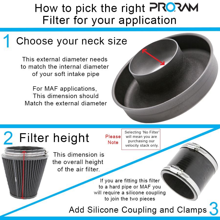PRORAM Performance Cone Air Intake Filter & Aluminium Velocity Stack - Universal
