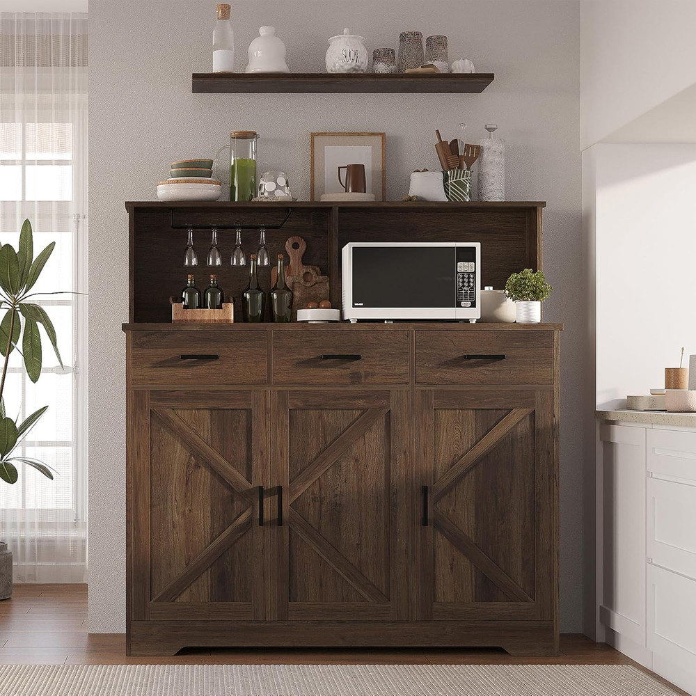Rustic Buffet Cabinet with Microwave Stand, Barn Doors & Storage Shelves, Brown