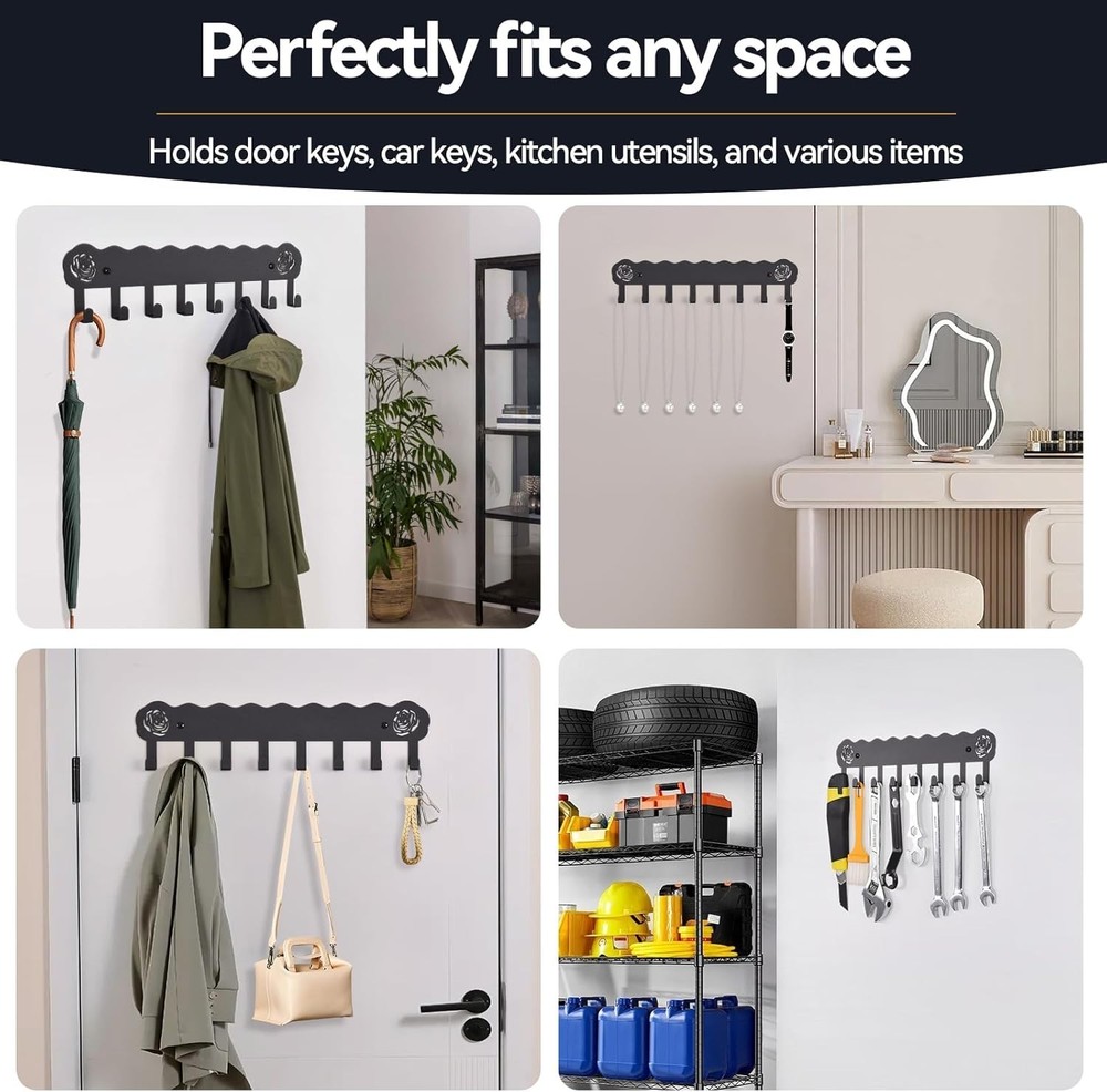 Modern Black Key Organizer with 8 Hooks - Rust Resistant, Multi-Purpose Design