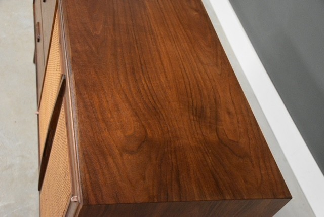 Refinished 52” Walnut and Cane Credenza by Founders